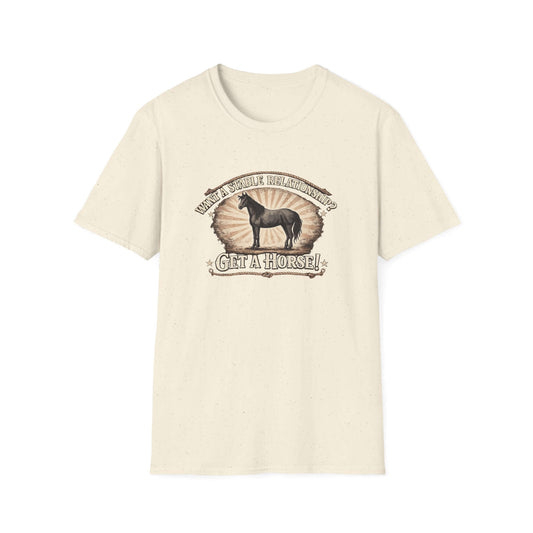 Get a Horse T-Shirt featuring a horse silhouette and rustic typography for cowgirl humor, perfect for casual wear.