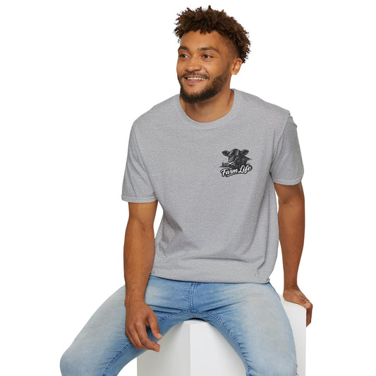 Man sitting in a gray Farm Life T-Shirt, featuring a hand-drawn graphic, perfect for ranch life and cowboy gifts.