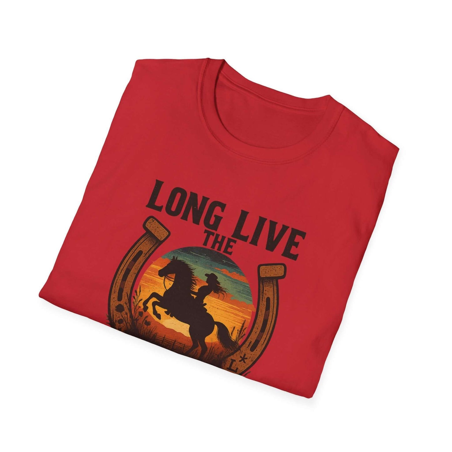 Woman wearing Long Live the Cowgirl horseshoe graphic t-shirt, showcasing cowgirl apparel with a relaxed smile.