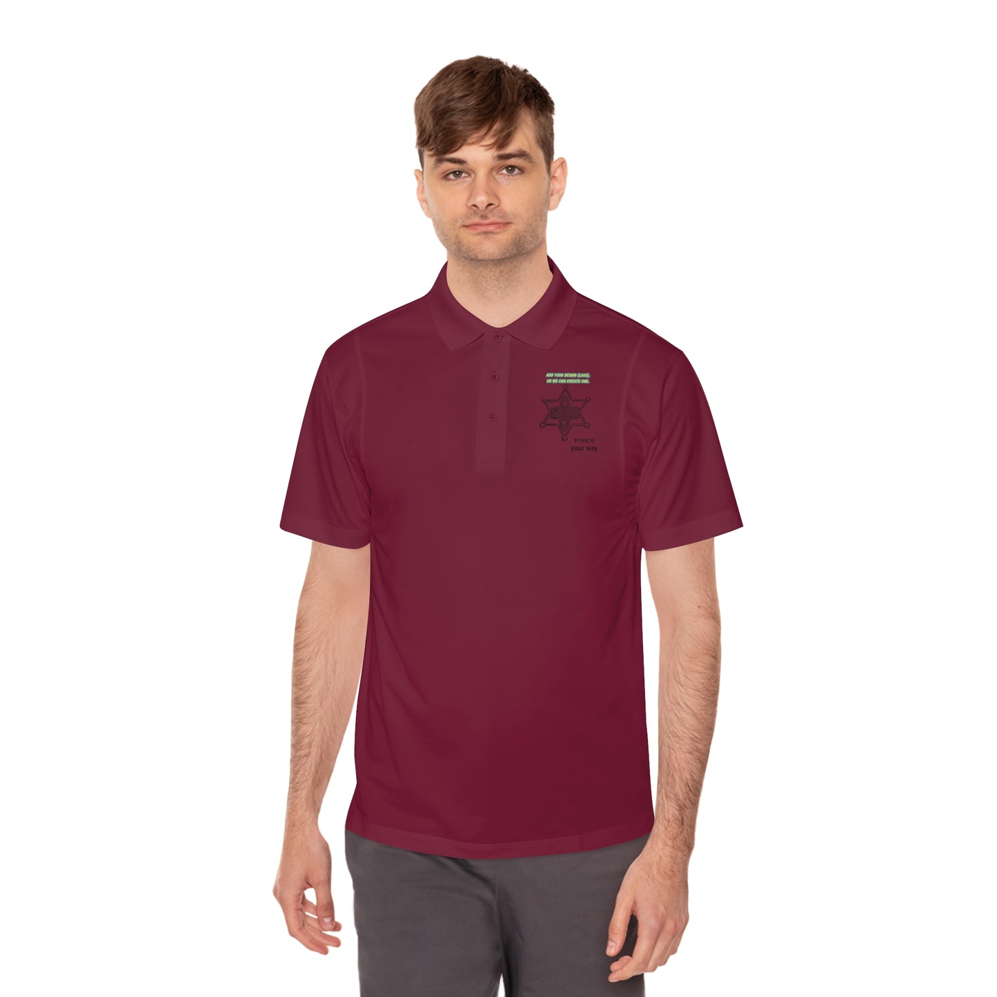 Personalize Sport Polo Shirt in burgundy, worn by a man, showcasing a clean design ideal for ranch work.