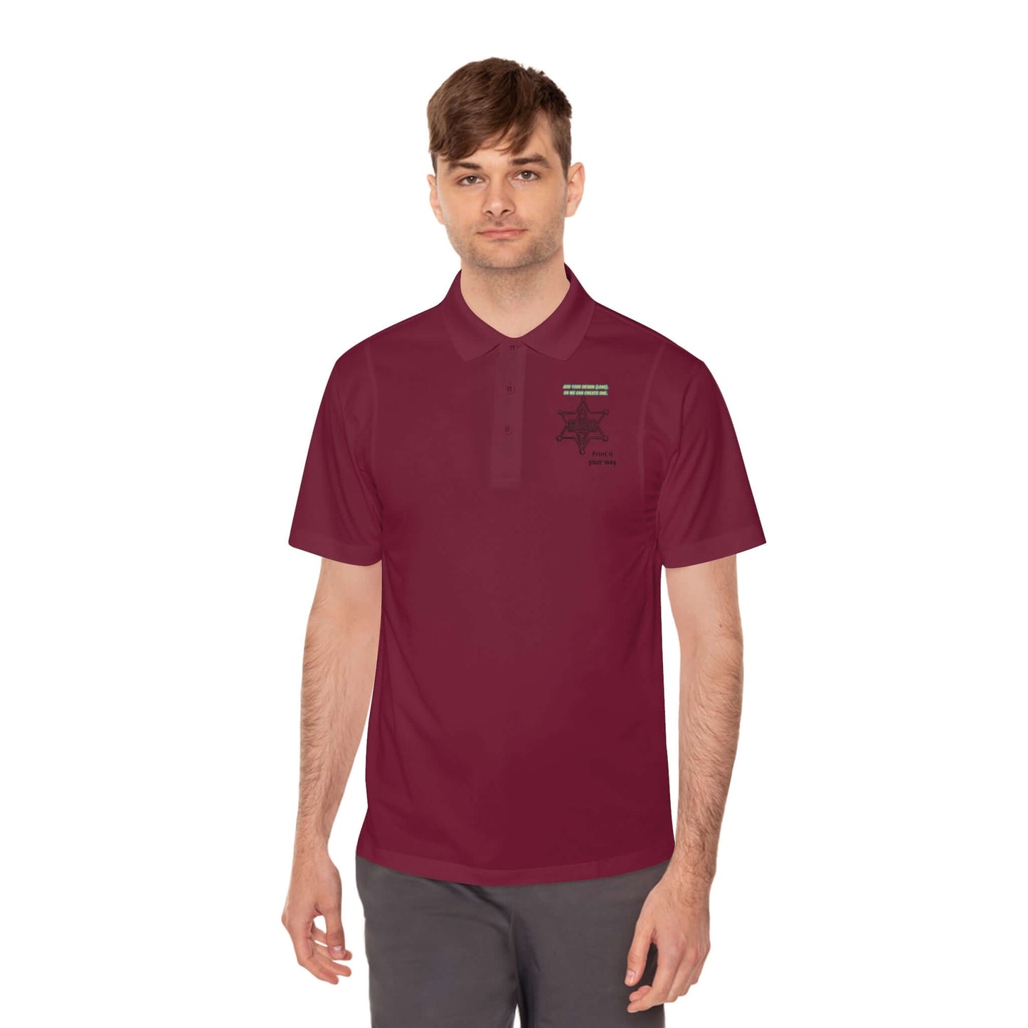Personalize Sport Polo Shirt in burgundy, worn by a man, showcasing a clean design ideal for ranch work.