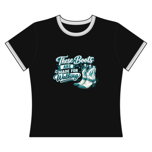Cowgirl Cropped Tee featuring stylized cowboy boots and the phrase "These Boots Are Made For Walking" in teal.