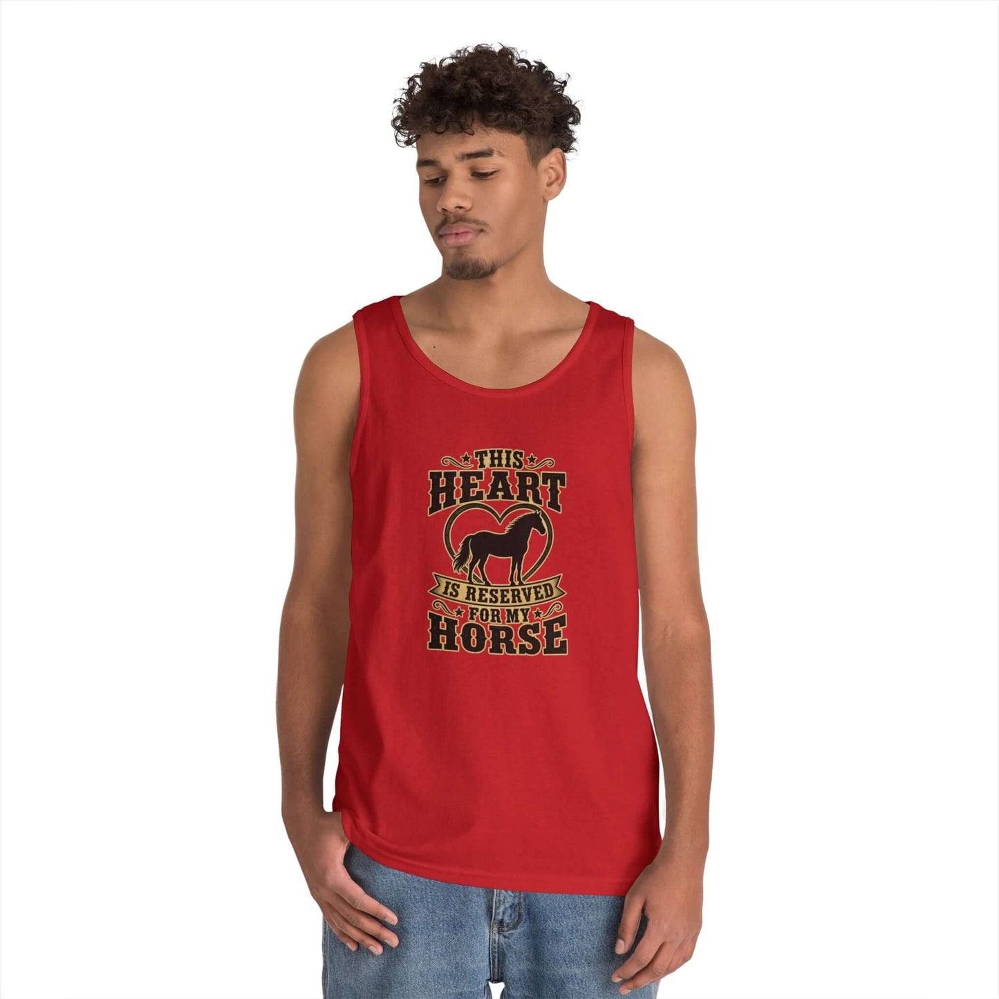 Horse Lover Tank Top featuring "This Heart is Reserved for My Horse" graphic on a red tank.