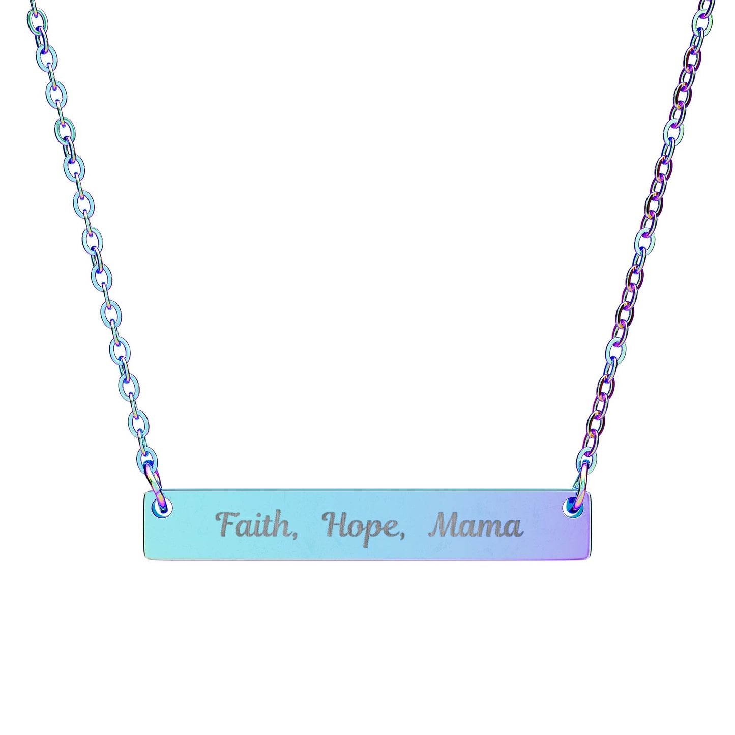 Gift for Mom, Engraved Necklace with Faith, Hope, Mama inscription on a slim bar pendant.