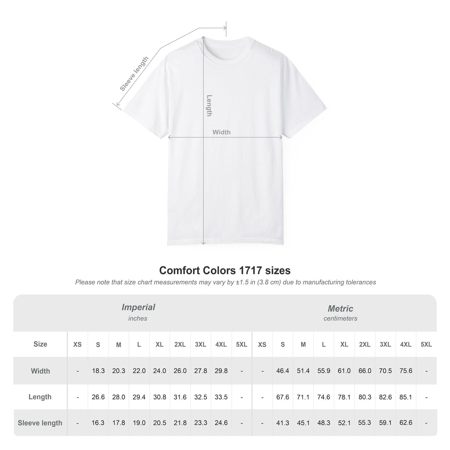 Size chart for Rancher T-Shirt, including width and length measurements in inches and centimeters.
