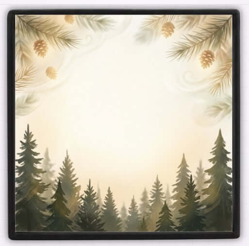 Nature illustration featuring pine trees and pinecones in a serene forest setting.