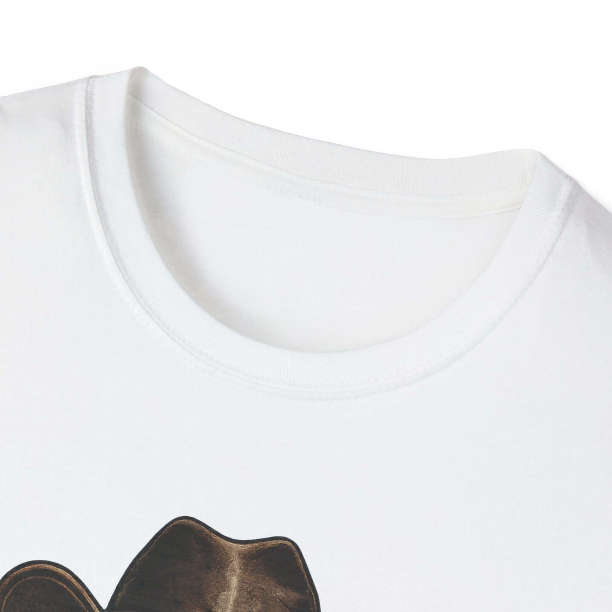 Close-up of the neckline of a Lucky Farm T-Shirt featuring a skull graphic design.