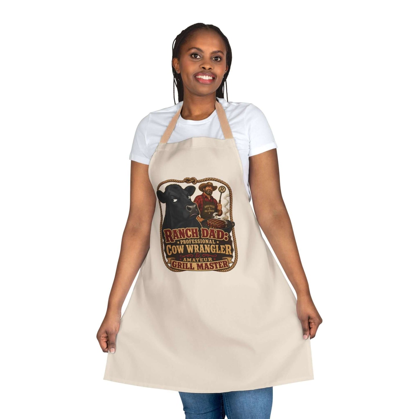 Ranch Dad Apron featuring a humorous cow graphic, perfect for grill masters on Father's Day.