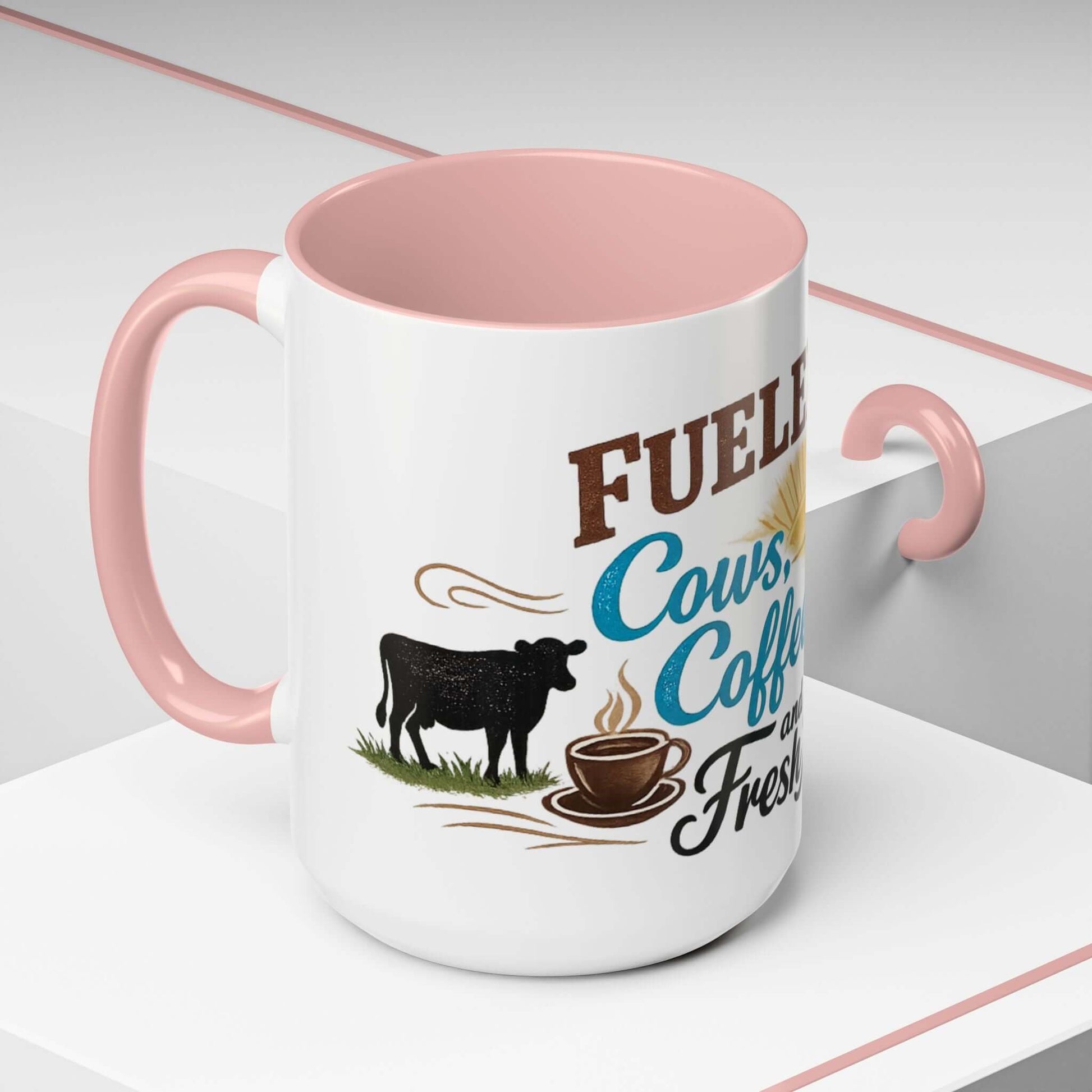 Cow Lovers Mug with pink handle featuring cows, coffee, and fresh air design for farm lovers.