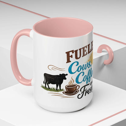 Cow Lovers Mug with pink handle featuring cows, coffee, and fresh air design for farm lovers.