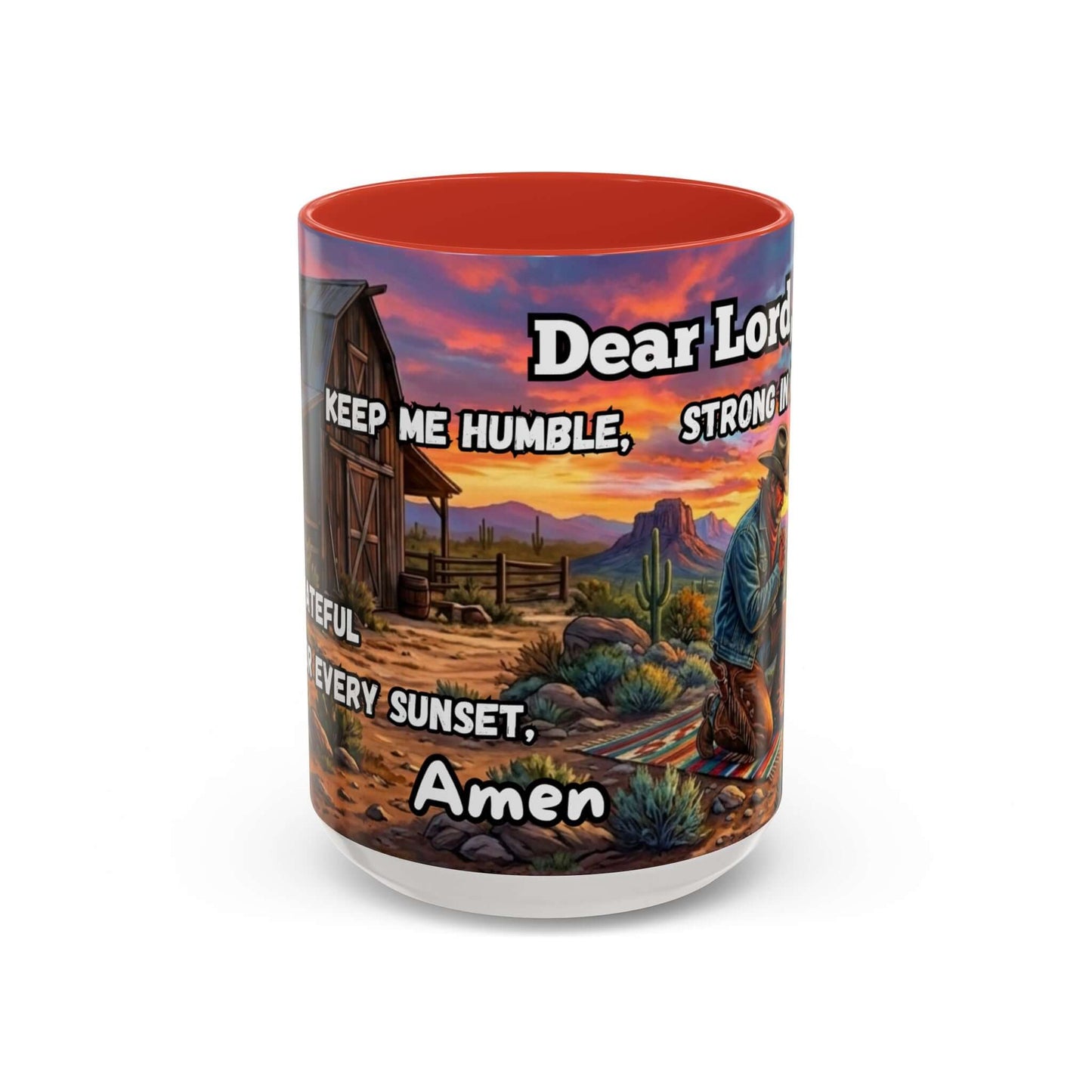 Cowboy Prayer Coffee Mug showcasing a vibrant western scene with prayer text, ideal for religious and cowboy gifts.