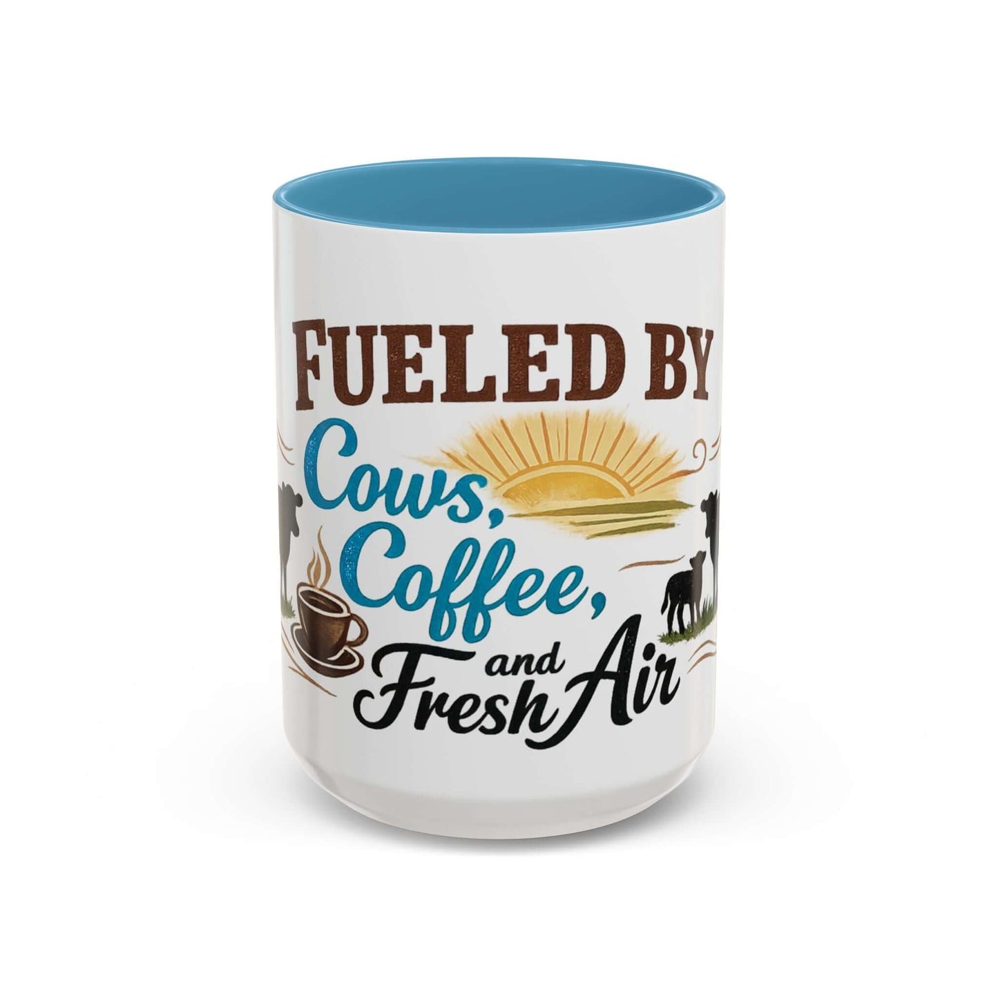 Cow Lovers Mug featuring morning sunrise, cows, and coffee design, perfect for farm lovers.