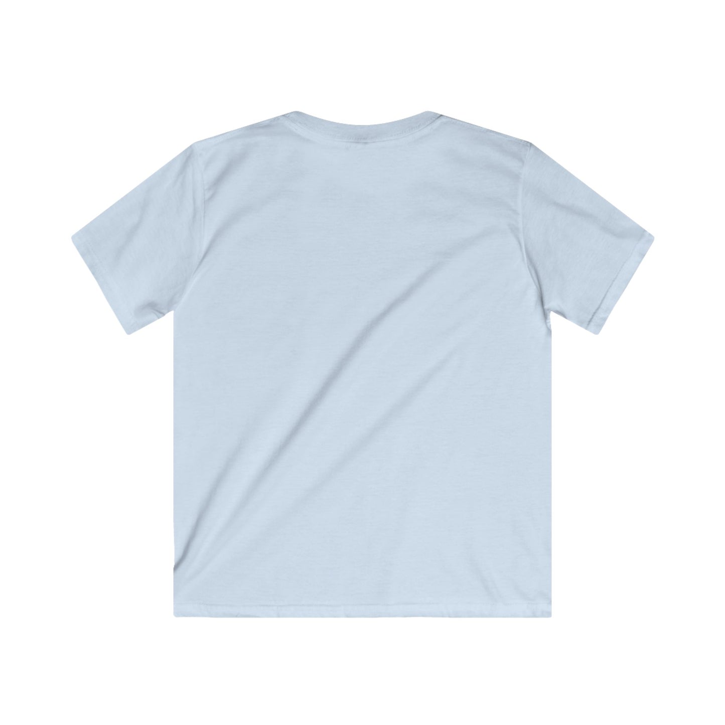 Back view of Kids Custom Tee in light blue, soft fabric for outdoor adventures and family fun.