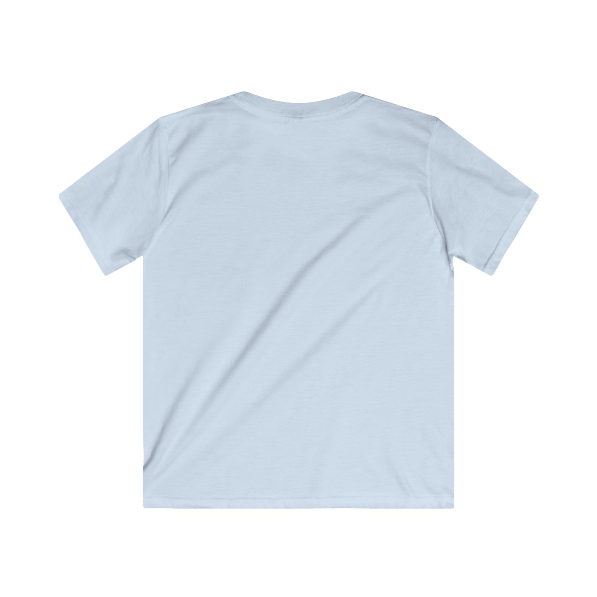 Back view of Kids Custom Tee in light blue, soft fabric for outdoor adventures and family fun.