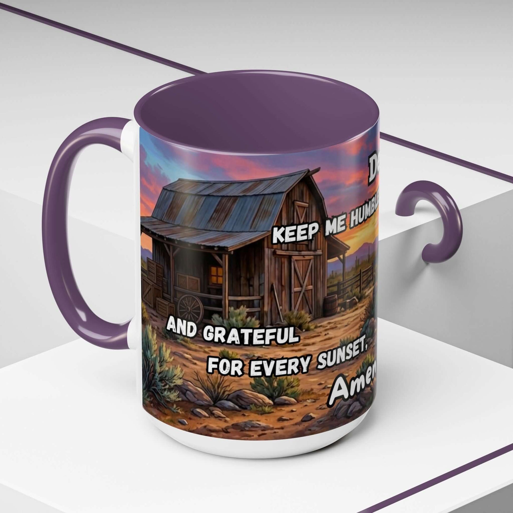 Cowboy Prayer Coffee Mug featuring a rustic barn design and inspirational prayer text, perfect for cowboy gifts and religious gifts.