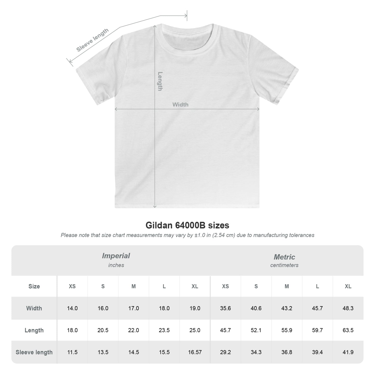 Kids Custom Tee size chart for Gildan 64000B, showing measurements in inches and centimeters.