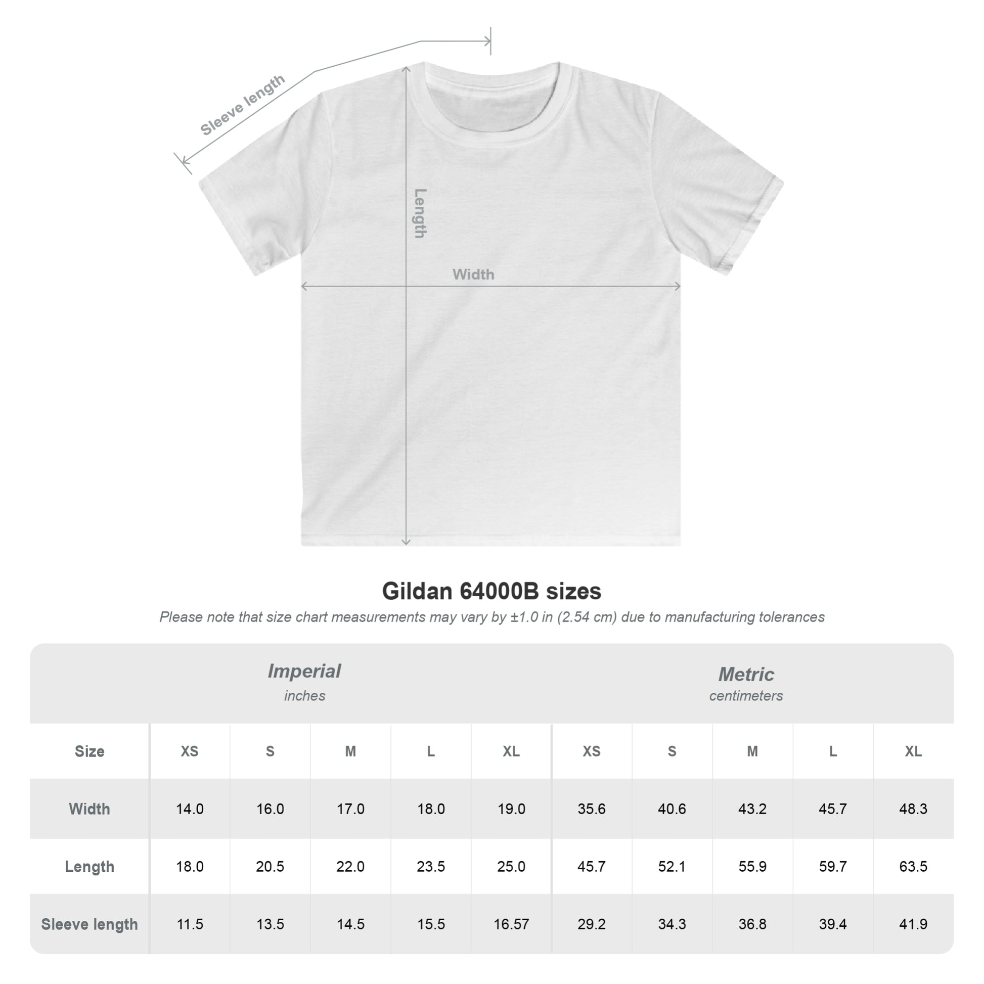 Kids Custom Tee size chart for Gildan 64000B, showing measurements in inches and centimeters.