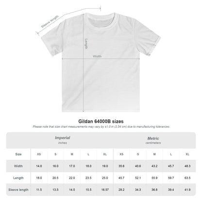 Kids Custom Tee size chart for Gildan 64000B, showing measurements in inches and centimeters.