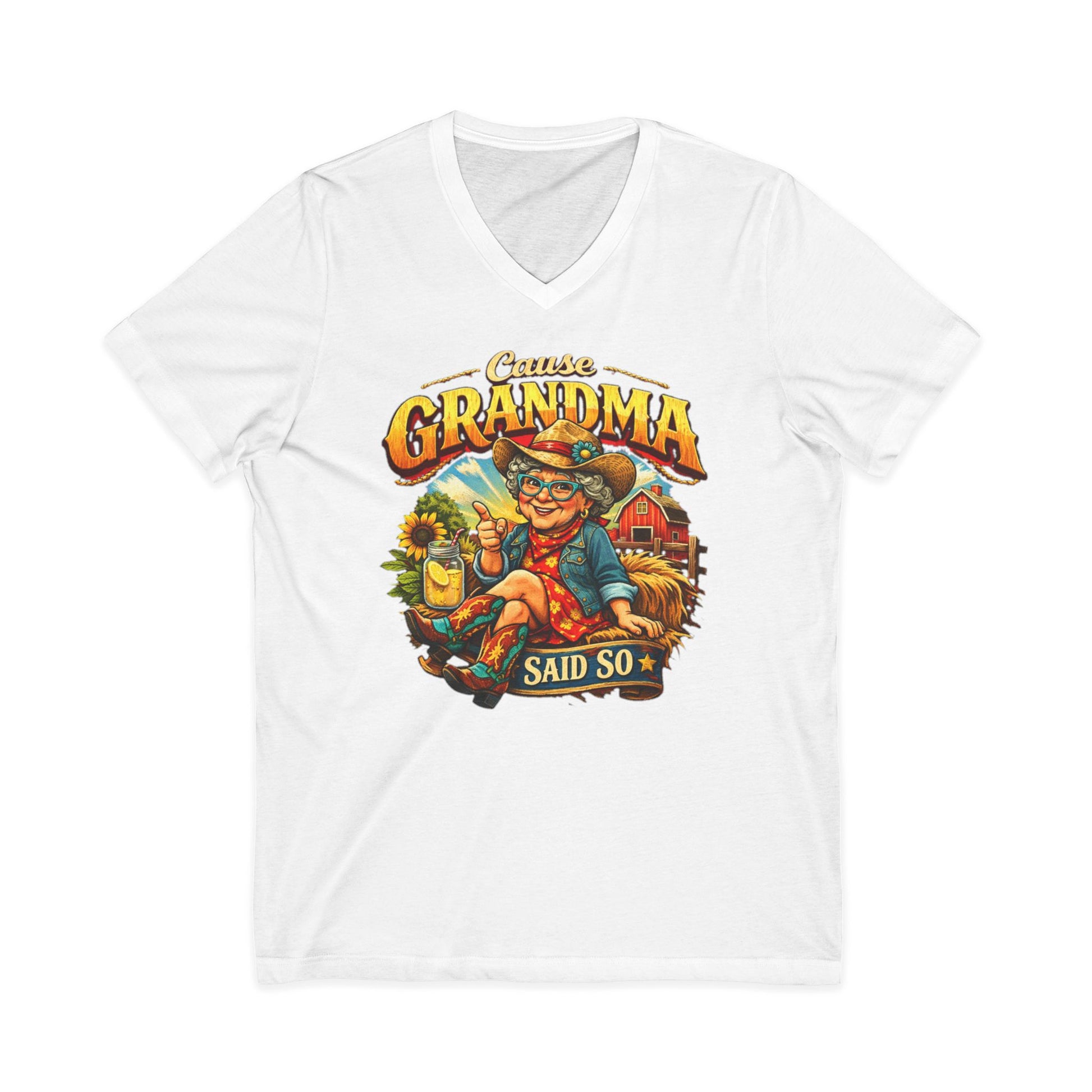 Grandma T-Shirt featuring a funny graphic of a grandmother saying 'Cause Grandma Said So' with a western theme.