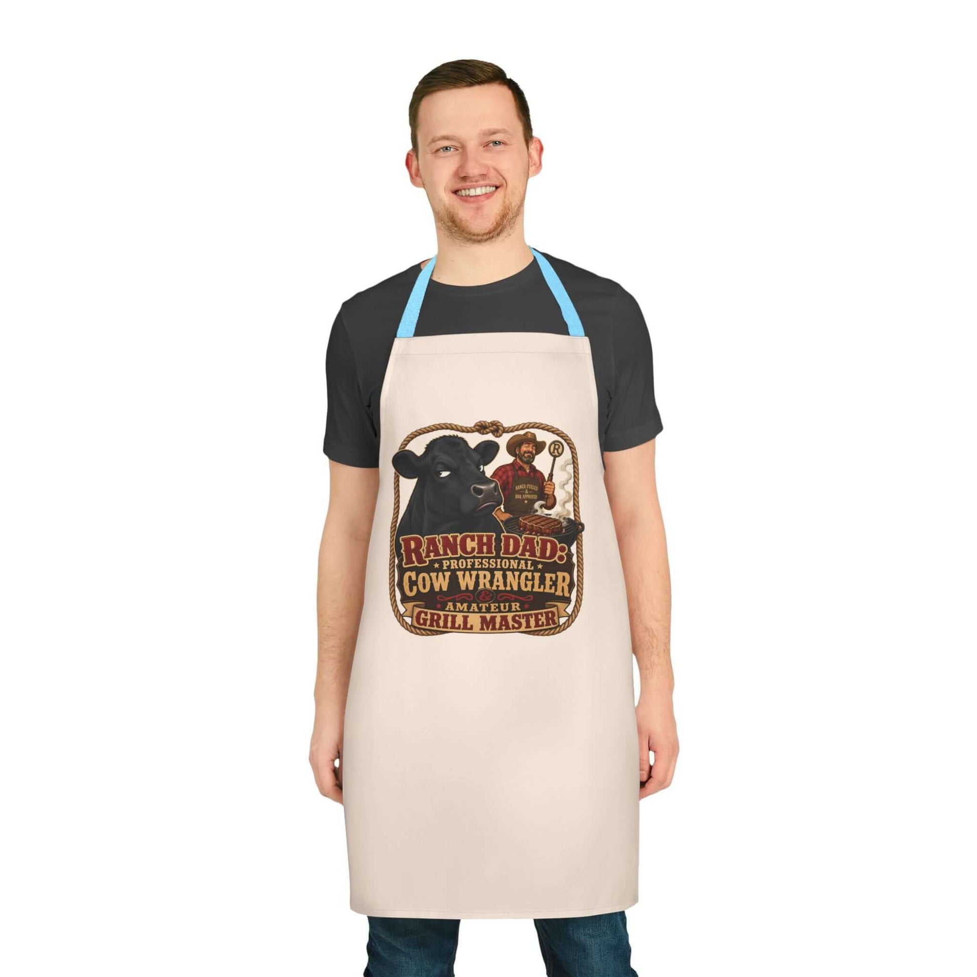 Ranch Dad Apron worn by a man, featuring vintage ranch-style design and 'Grill Master' graphic.