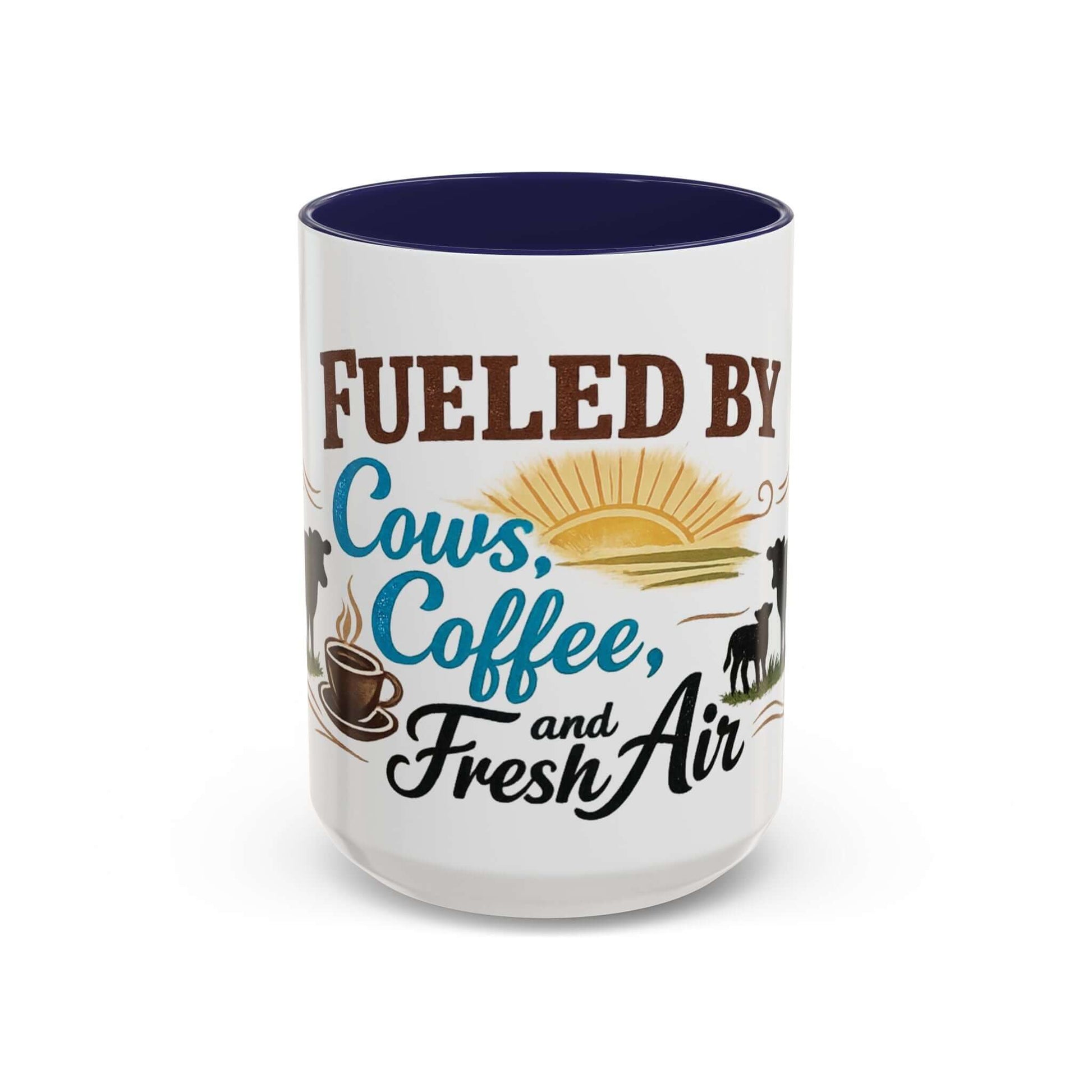 Cow Lovers Mug with colorful design saying 'Fueled by Cows, Coffee, and Fresh Air' with sunrise and grazing cows.