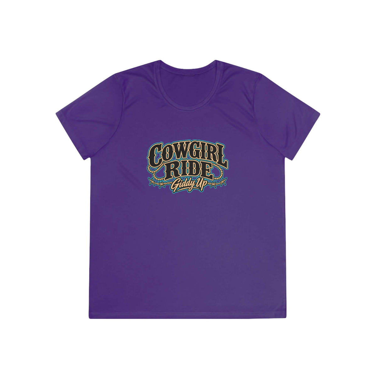 Cowgirl Ride Giddy Up Ladies Tee in purple featuring vintage western graphic design.