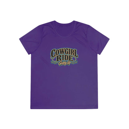 Cowgirl Ride Giddy Up Ladies Tee in purple featuring vintage western graphic design.