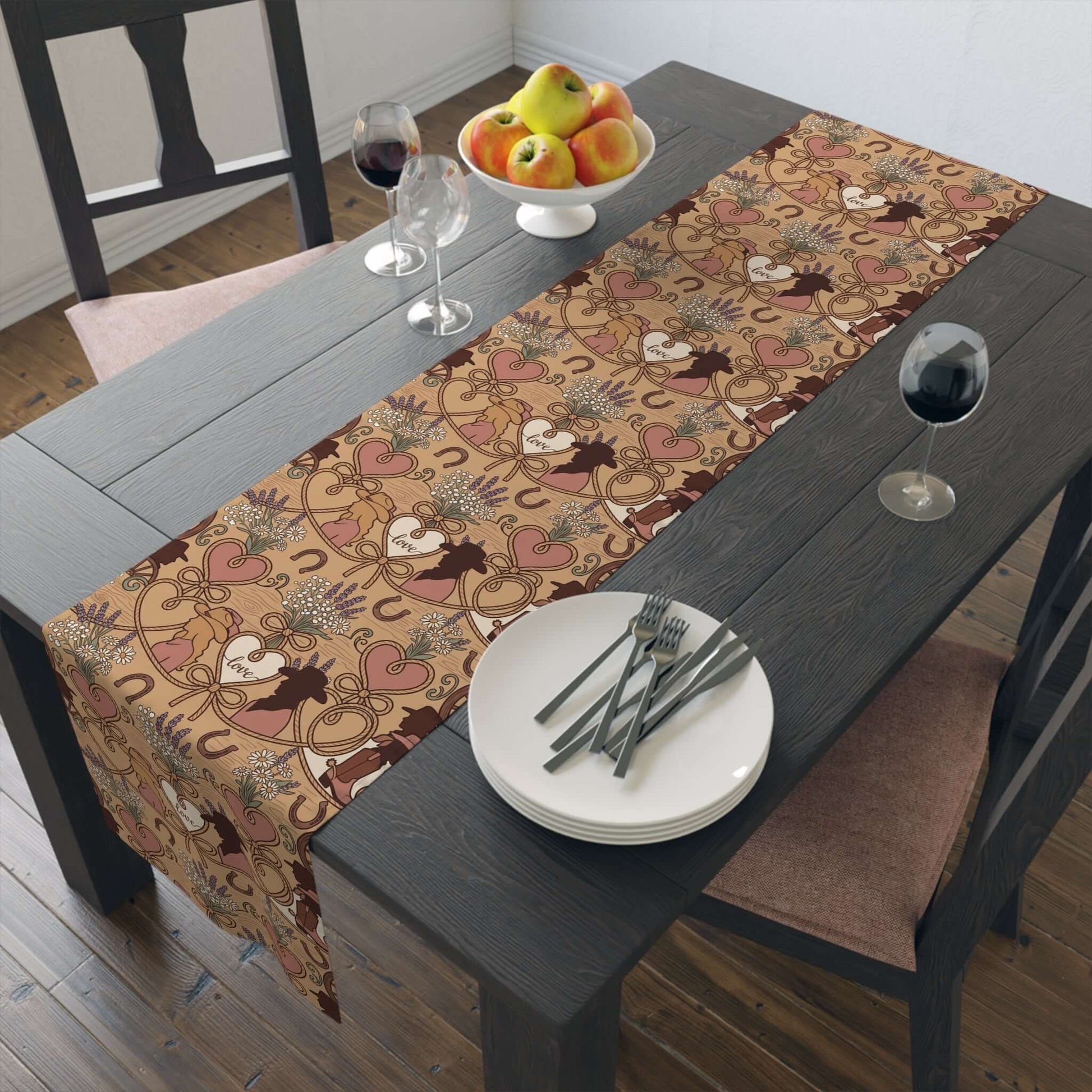 Western Bridal Table Runner featuring whimsical designs on a rustic dining table setting.