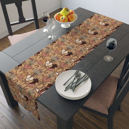 Western Bridal Table Runner featuring whimsical designs on a rustic dining table setting.