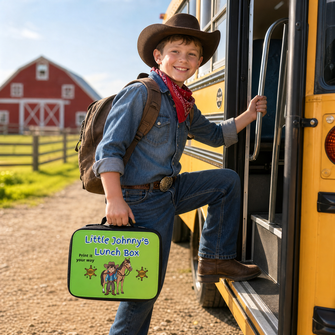 Personalized Kids Lunch Bag, Custom Back to School Lunch Box for kids, boy stepping onto school bus with lunch bag.