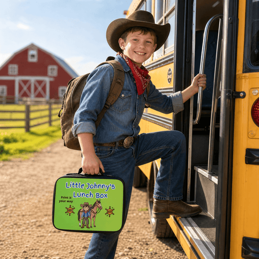Personalized Kids Lunch Bag, Custom Back to School Lunch Box for kids, boy stepping onto school bus with lunch bag.