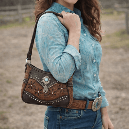 Western Handbag Wallet Set, Tooled Leather Shoulder Purse with Studs