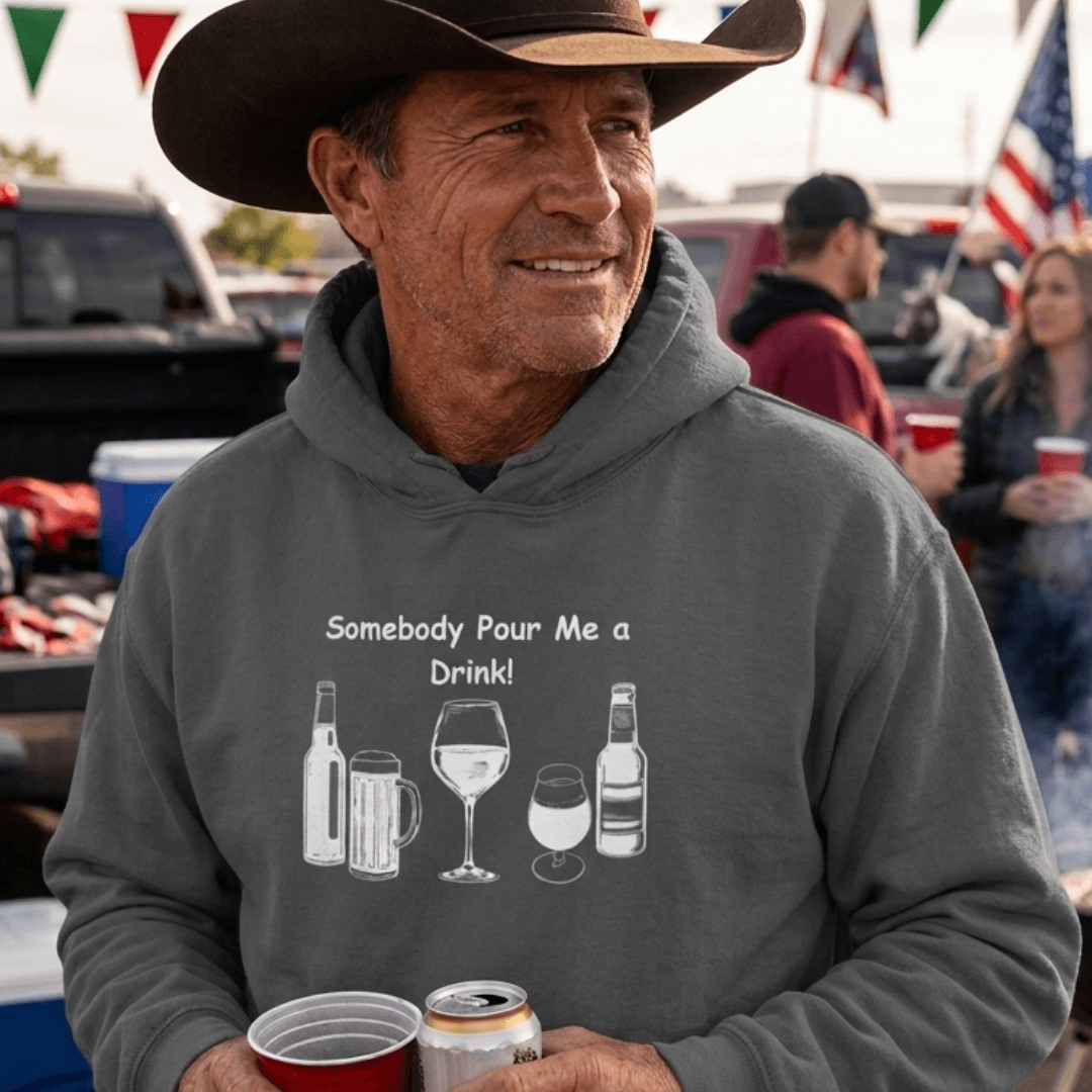 Party Hoodie worn by a man at a tailgate party, showcasing humorous drink graphics.