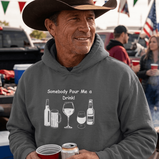 Party Hoodie worn by a man at a tailgate party, showcasing humorous drink graphics.