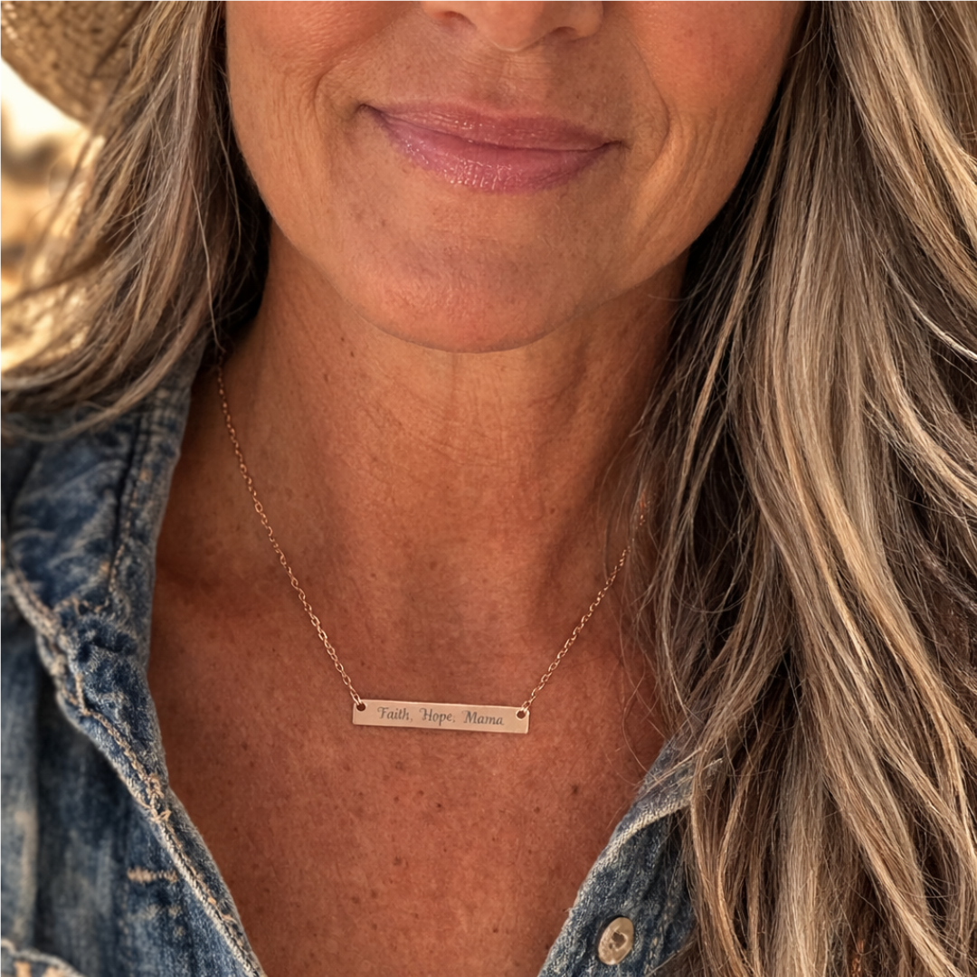 Gift for Mom - Engraved necklace with 'Faith, Hope, Mama' message on a model, showcasing personalized pendant gift.
