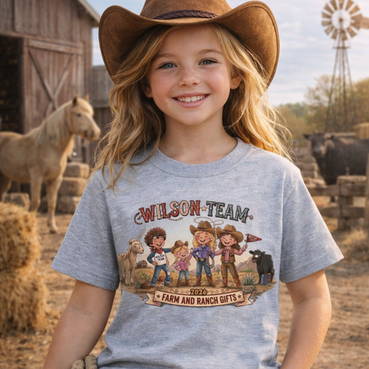 Kids Custom Tee featuring cartoon children in a farm setting, perfect for adventures and outdoor play.