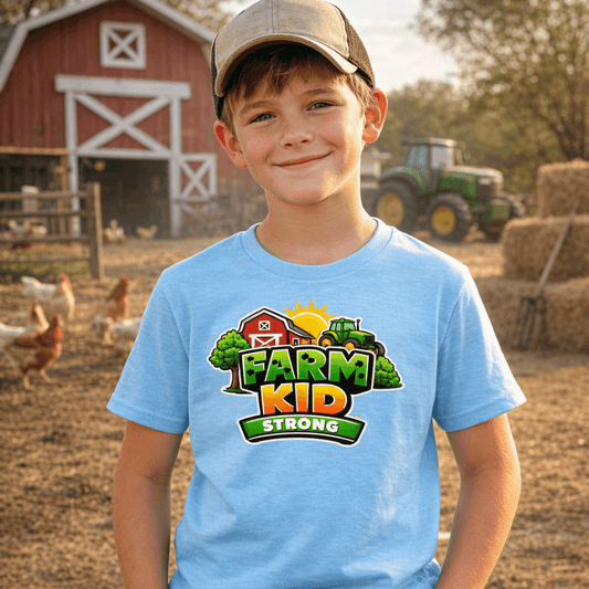 Farm Kid T-Shirt featuring a cheerful boy in a blue tee with bold 'Farm Kid Strong' design, set against a farm backdrop.