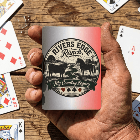 Personalized Playing Cards featuring Rivers Edge Ranch design with rustic charm on wooden table.