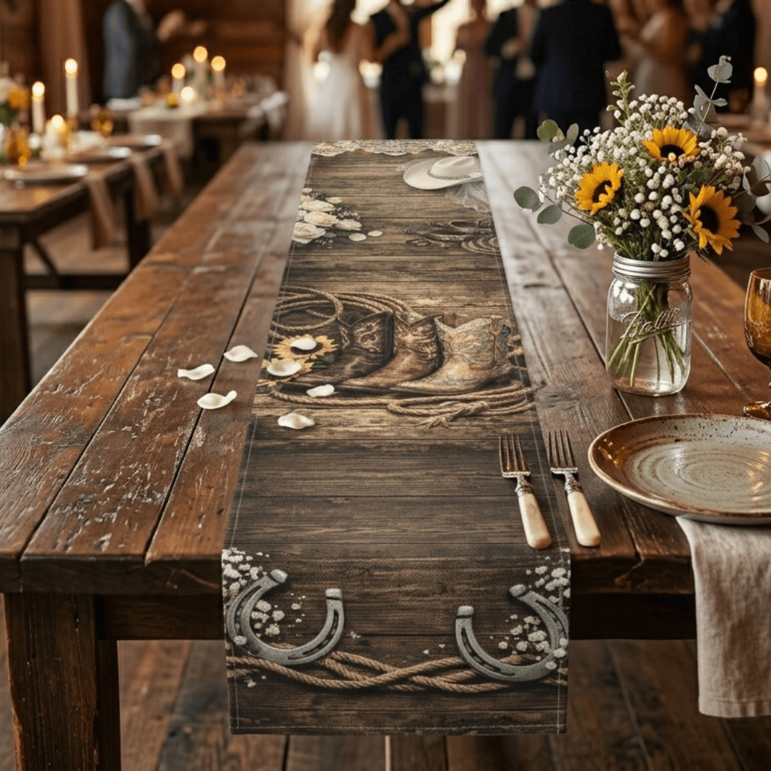 Western Bridal Table Runner with rustic hearts and horseshoes on a wooden table setting.