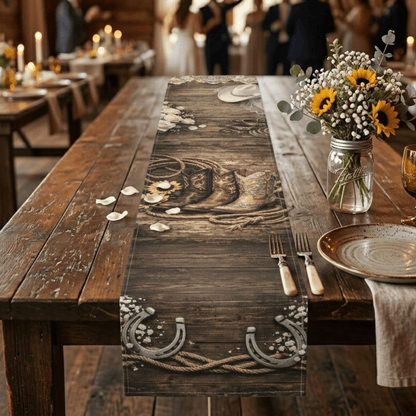 Western Bridal Table Runner with rustic hearts and horseshoes on a wooden table setting.