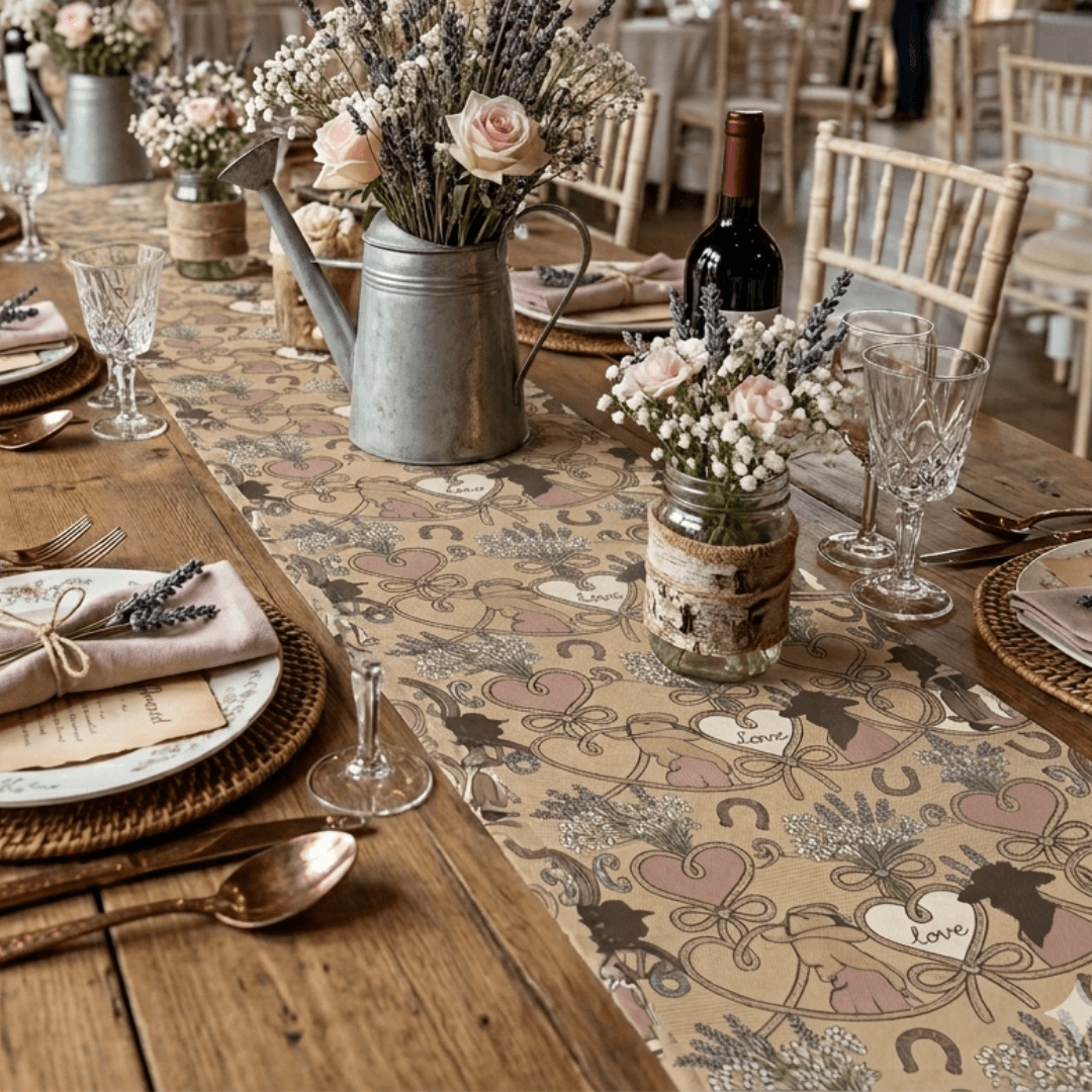 Western Bridal Table Runner featuring hand-drawn hearts and rustic decor on an elegant dining table.