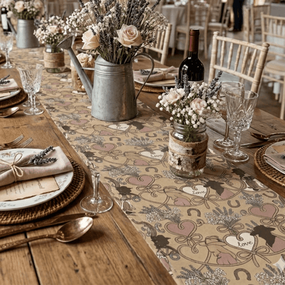 Western Bridal Table Runner featuring hand-drawn hearts and rustic decor on an elegant dining table.