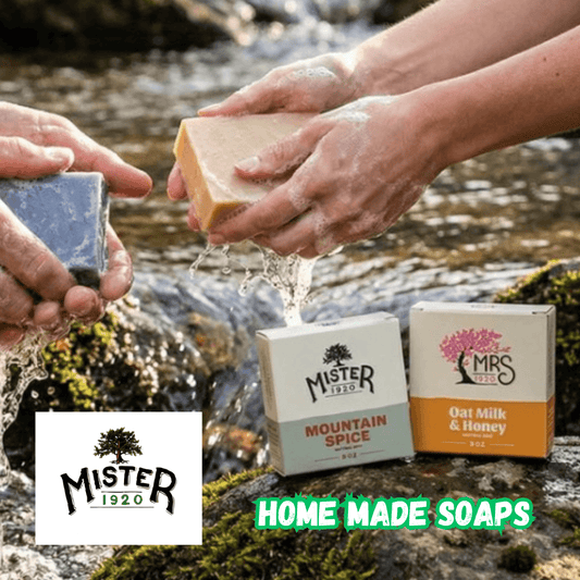 Two hands holding Real Soap bars near a stream, highlighting natural ingredients in homemade soaps.