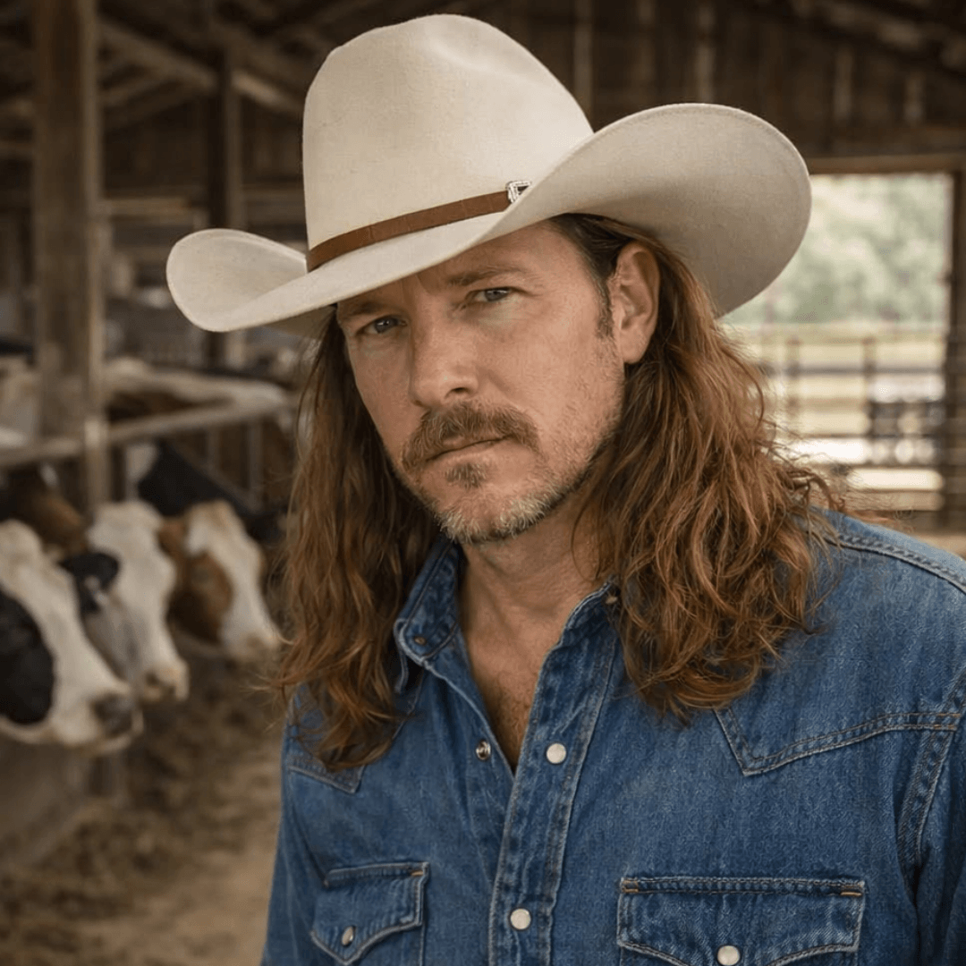 Hat Country cowboy wearing a white hat and denim shirt in a rustic barn with cows in the background.