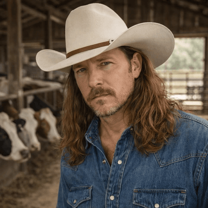 Hat Country cowboy wearing a white hat and denim shirt in a rustic barn with cows in the background.