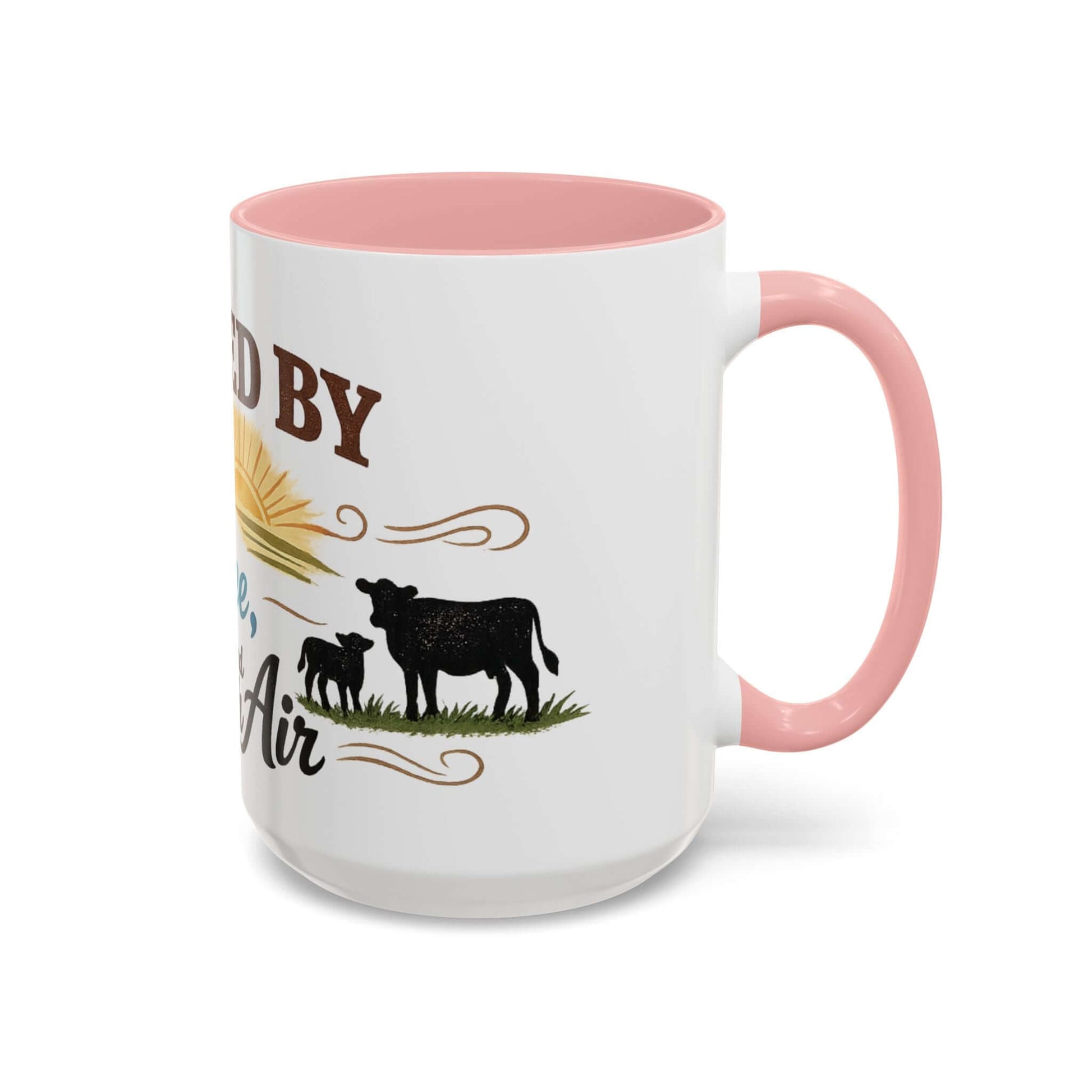Cow Lovers Mug featuring sunrise and grazing cows design with playful lettering.