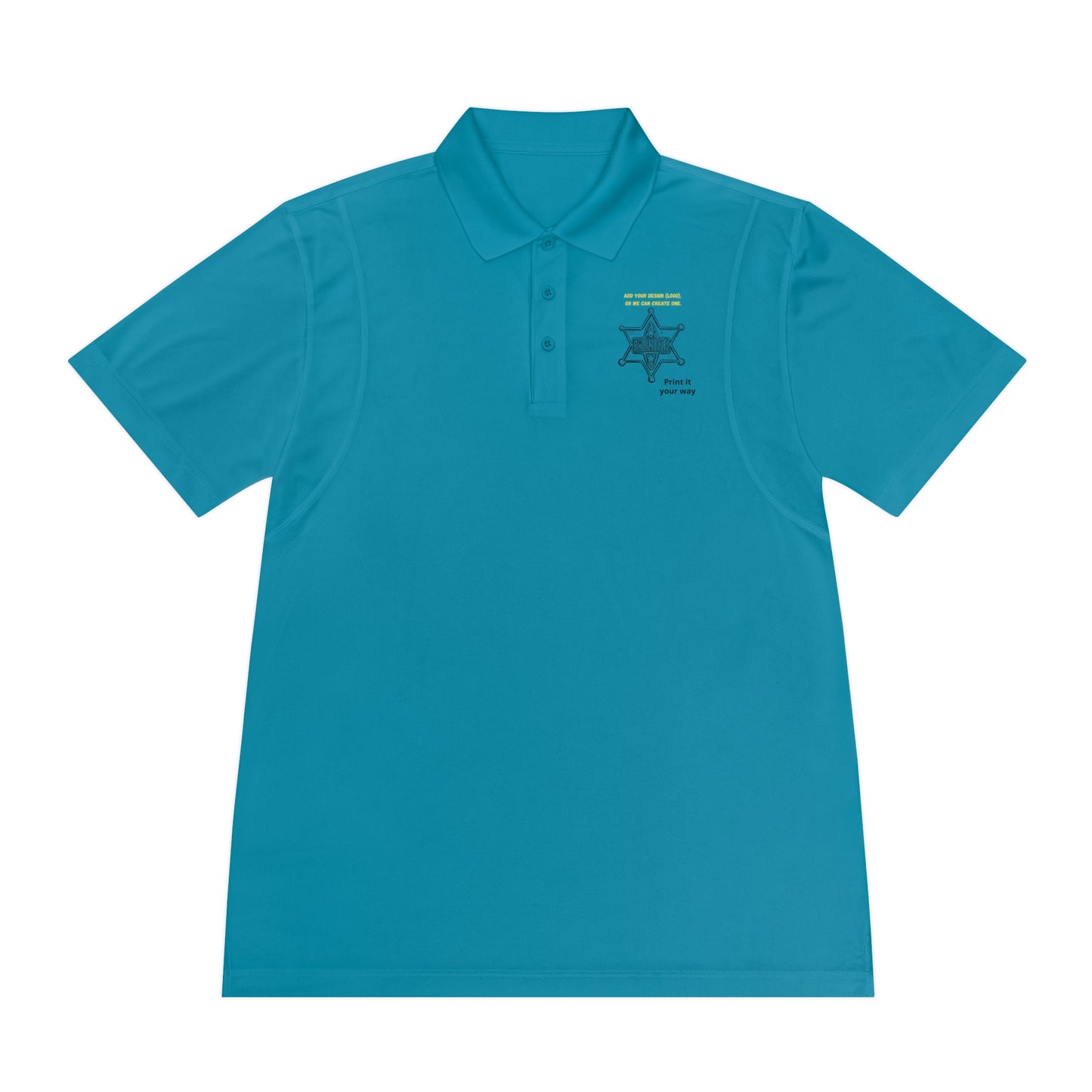 Personalize Sport Polo Shirt in vibrant turquoise color featuring a crisp collar and embroidered design.