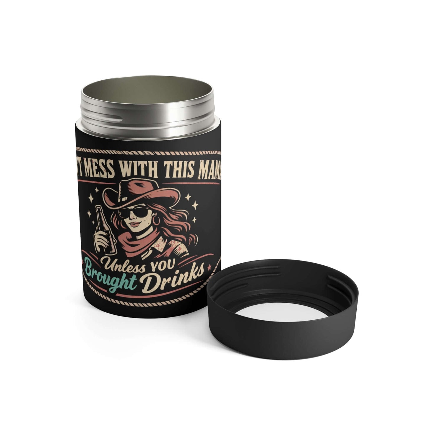 Western Can Holder with a fun cowgirl design and screw-on lid for keeping drinks cold.