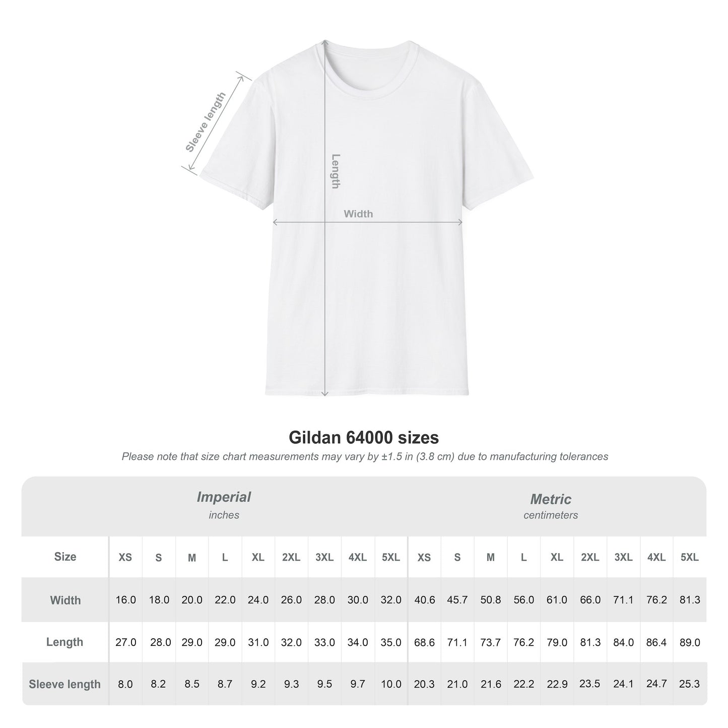 Gildan 64000 size chart for Farm Life T-Shirt, showing dimensions and sizes in inches and centimeters.