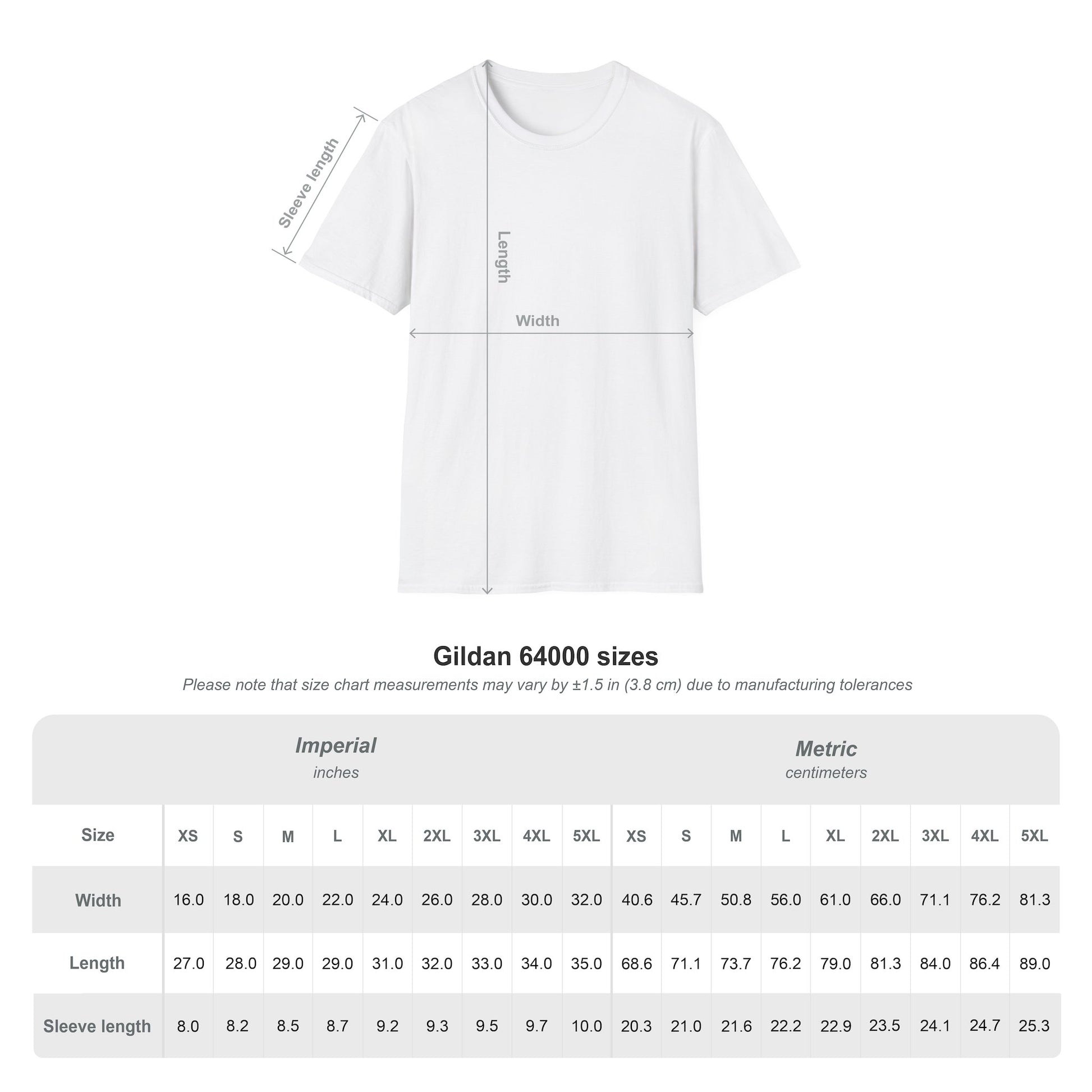 Gildan 64000 size chart for Farm Life T-Shirt, showing dimensions and sizes in inches and centimeters.